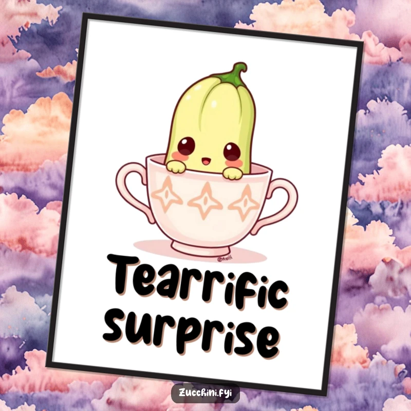 Funny Zucchini Digital Art: Surprised vegetable peeking from a tiny teacup, ideal for quirky and humorous wall decor.