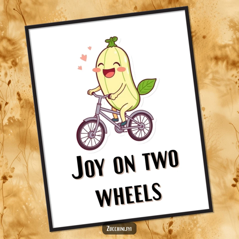 Funny Digital Art: A laughing kawaii zucchini rides a miniature bicycle, ready for cheerful wall decor.