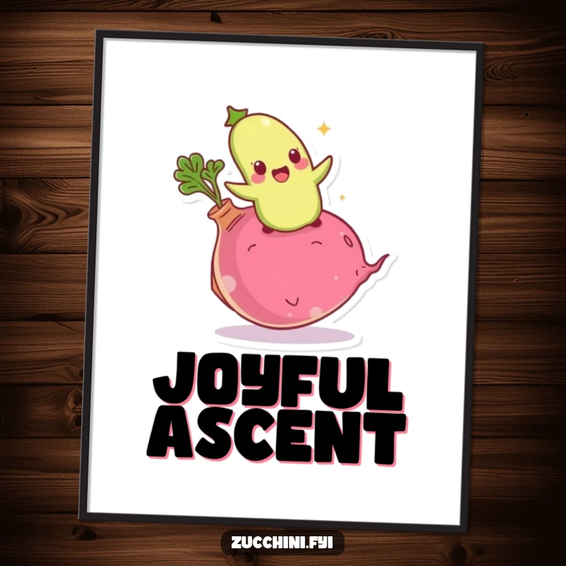 Funny giddy zucchini digital art print of an excited vegetable bouncing on a giant radish, adding instant playful energy.