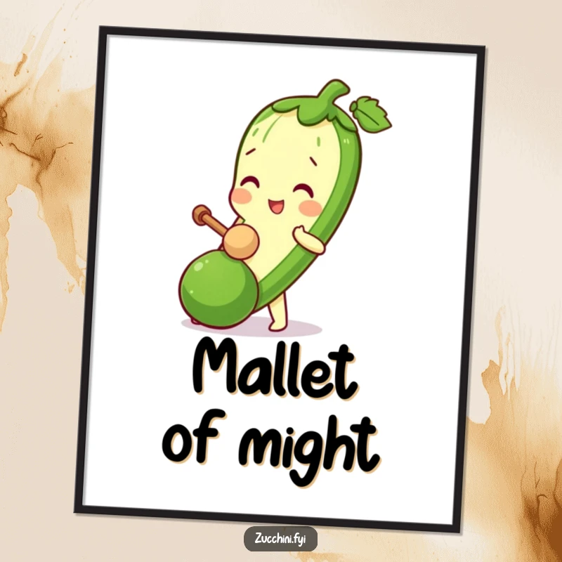 Funny Zucchini Mallet Digital Art Print of a zucchini character playfully bopping a mini zucchini with a tiny mallet.