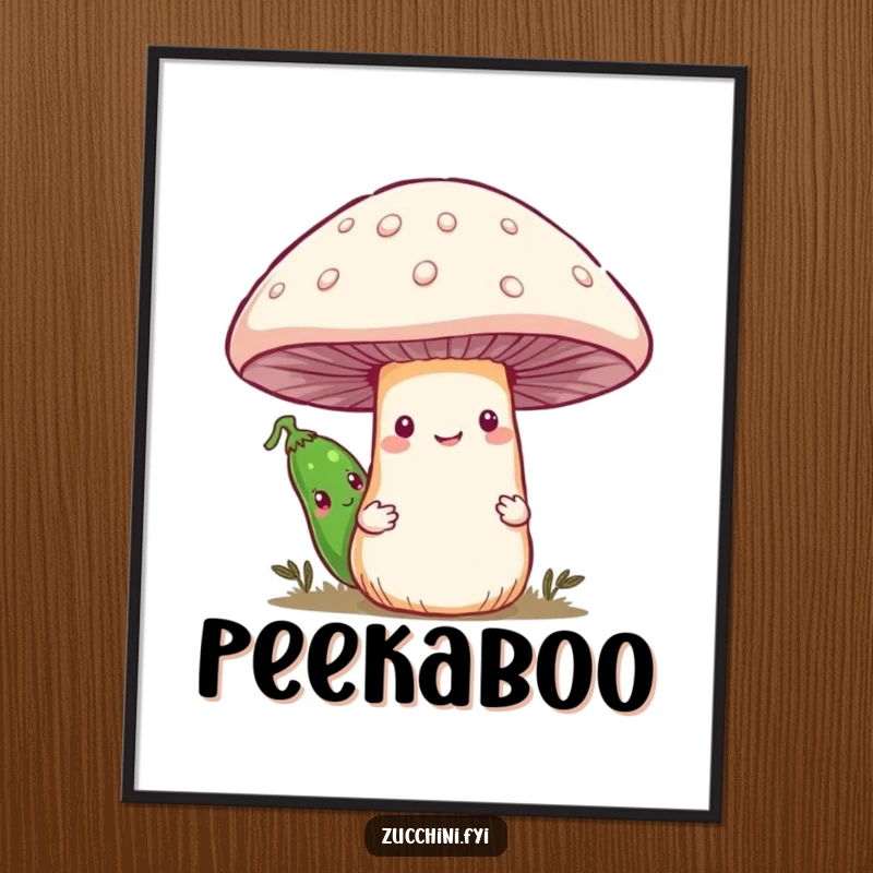 Funny digital art print of a shy zucchini hiding behind a friendly smiling mushroom, ideal for printable wall decor.