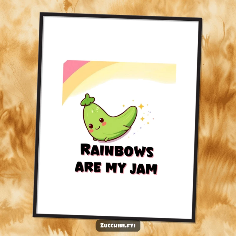 Funny digital art print of a zucchini character sliding down a rainbow, leaving a trail of sparkles, perfect for instant wall decor.