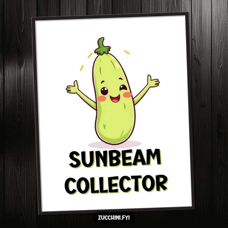 Funny digital art print of a smiling zucchini catching a cartoon sunbeam, perfect for sunny, uplifting, and humorous decor.
