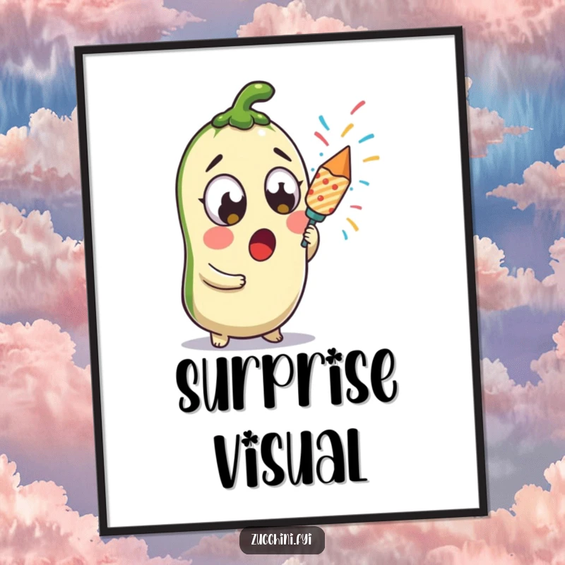 Funny surprised kawaii zucchini holding a confetti popper, digital art celebrating festive fun and surprise.