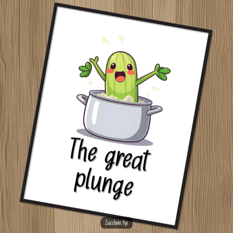 Funny zucchini digital art print: a steaming, overjoyed vegetable jumping into a pot with a splash, vibrant and humorously expressive.
