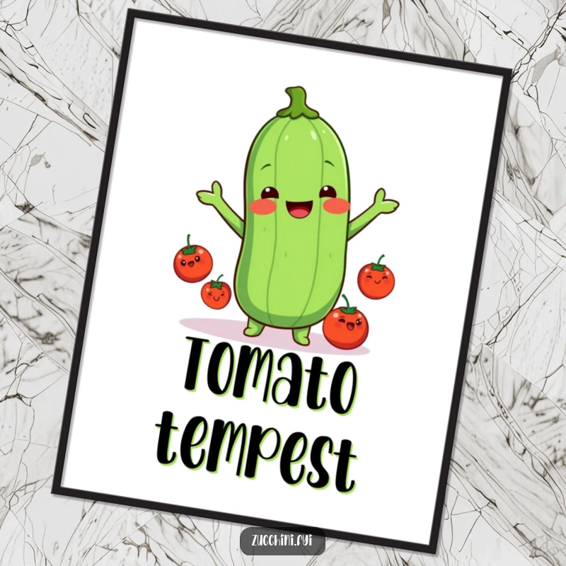 Funny kawaii zucchini digital art print, a cute zucchini juggling happy tomatoes, offering a vibrant and funny aesthetic for instant home decor.