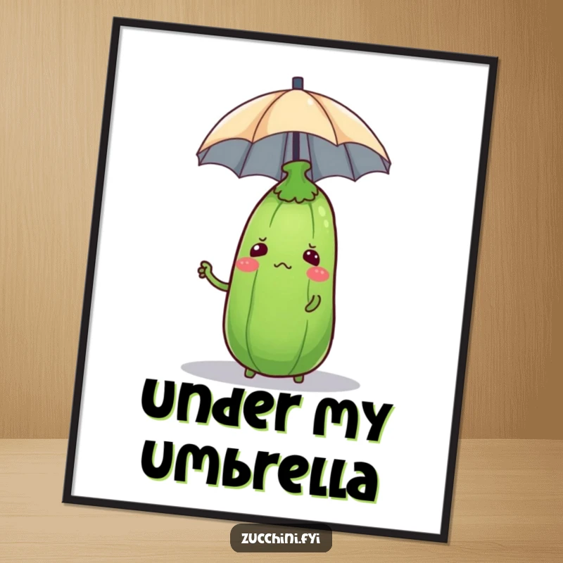 A digital art print of a confused zucchini trying to balance a tiny umbrella on its head, offering whimsical charm.