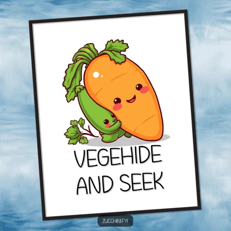 Funny Digital Art Print of a sneaky zucchini peeking from behind a giant, smiling carrot, enjoying a playful prank.
