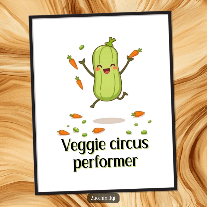 Funny zucchini with tiny legs joyfully juggling carrots and peas, a high-quality digital art print.
