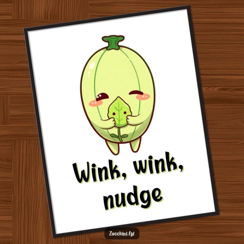 Funny Zucchini Wink Digital Art Print of a zucchini character winking while holding a tiny, embarrassed leaf.