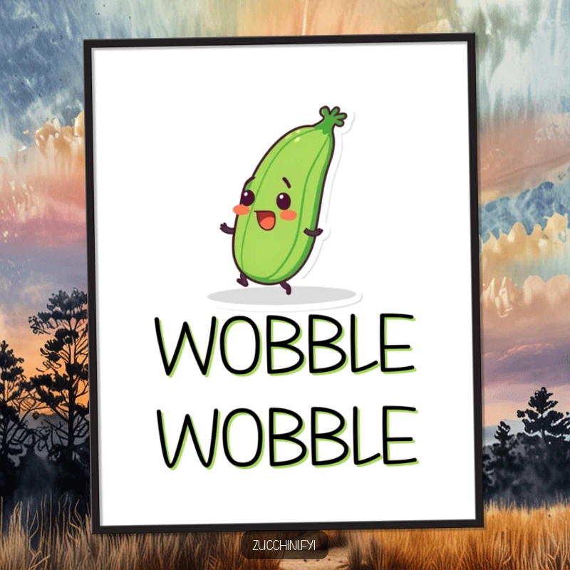 Funny digital art print of a wobbly zucchini character tripping over its feet with a surprised grin, perfect for quirky decor.