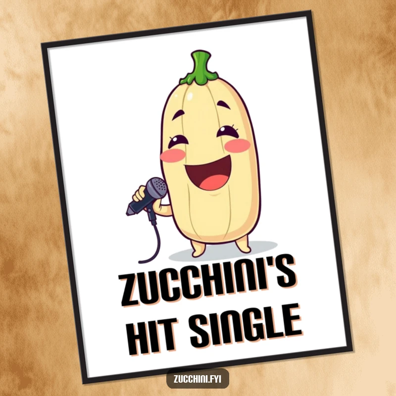 Funny digital art print of a grinning zucchini holding a microphone and singing, perfect for music-themed humorous decor.