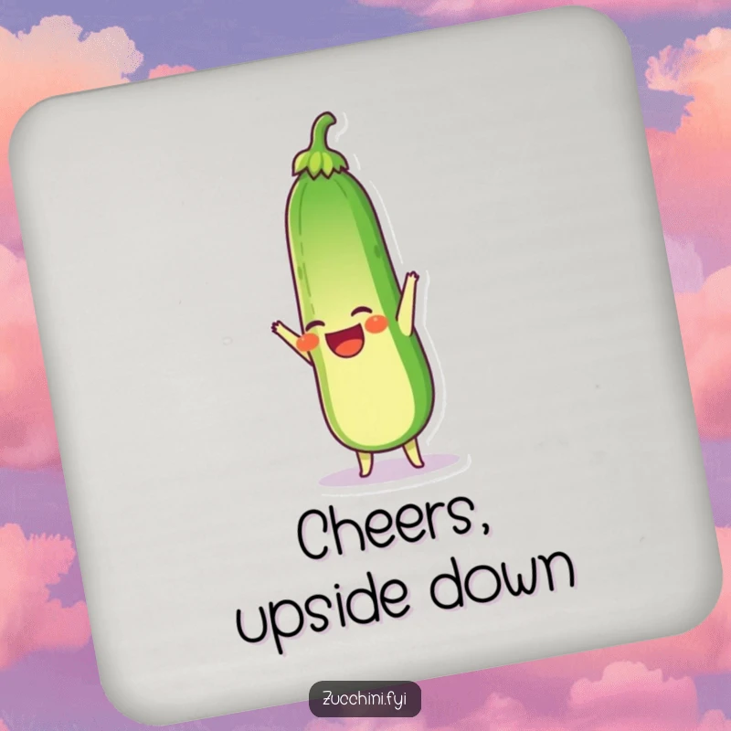 Funny drink coaster with a laughing zucchini doing a handstand, adding humorous charm to any surface.