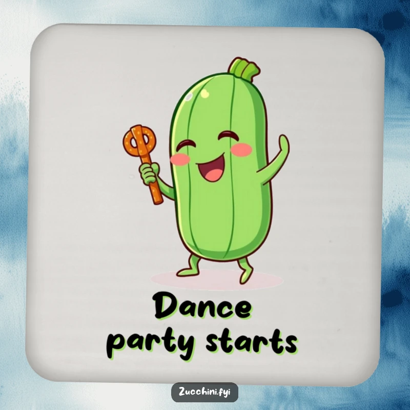 Funny drink coasters featuring a laughing zucchini character doing a silly dance with a pretzel stick, perfect for parties.
