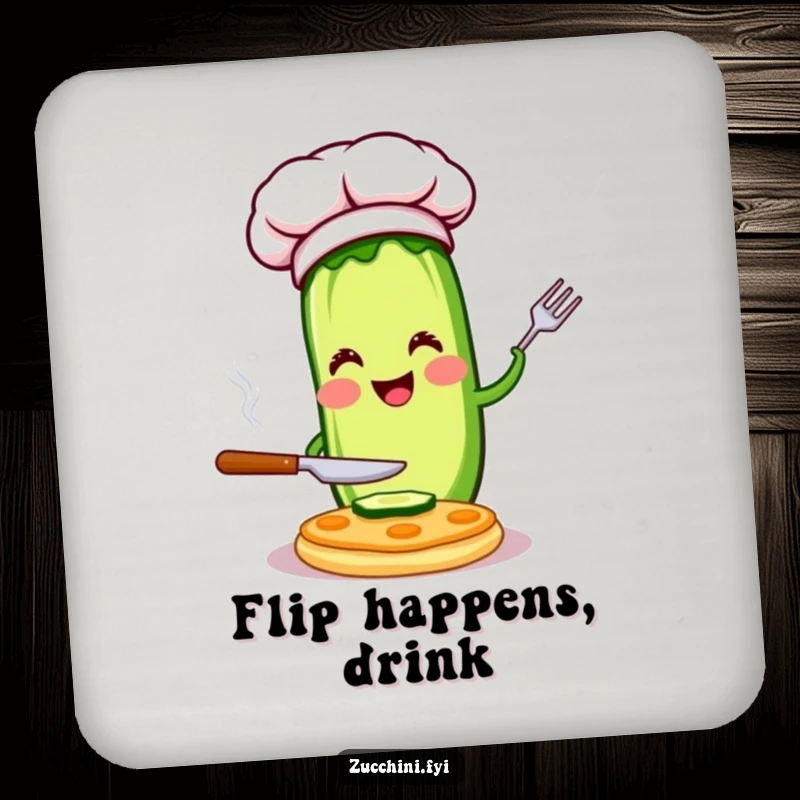 Funny chef zucchini drink coaster with a happy character flipping a pancake, protecting surfaces with humorous and culinary design, ideal for gifting.