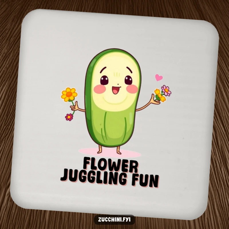 Funny drink coasters with a delighted zucchini slice character juggling edible flowers, adding a humorous decorative element to any tabletop.