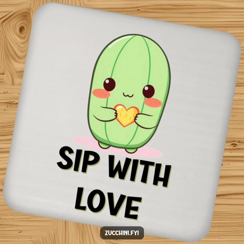 Funny zucchini coaster with a blushing zucchini character offering a small, glowing heart, protecting surfaces with sweet humor.