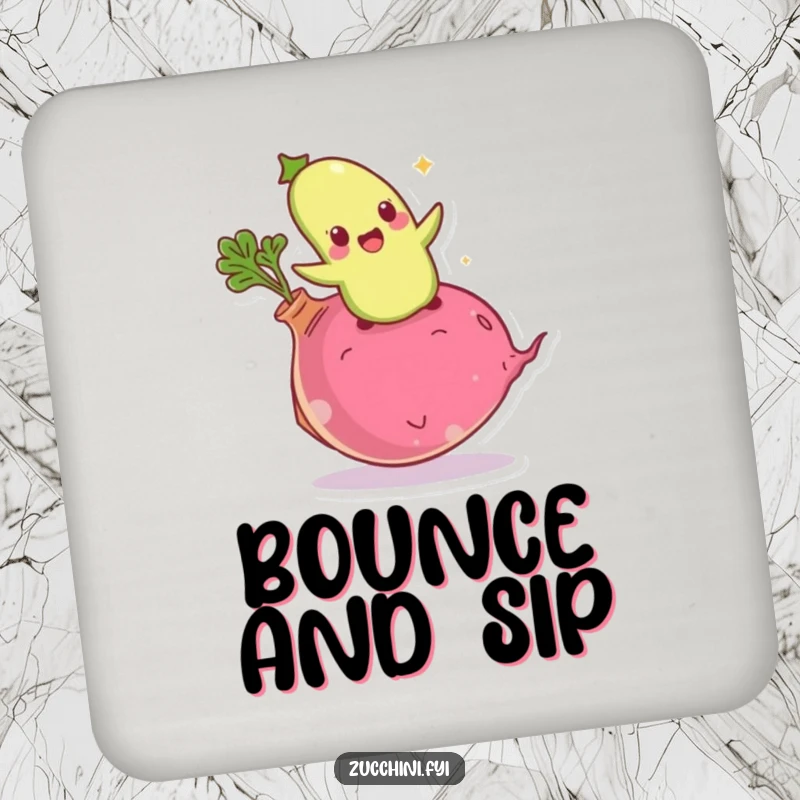 Funny giddy zucchini coasters featuring an excited vegetable bouncing on a giant radish, guarding tables with playful energy.