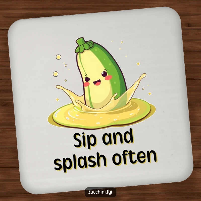 Funny drink coaster featuring a happy zucchini splashing in sparkling juice, bringing a splash of joy and protection.