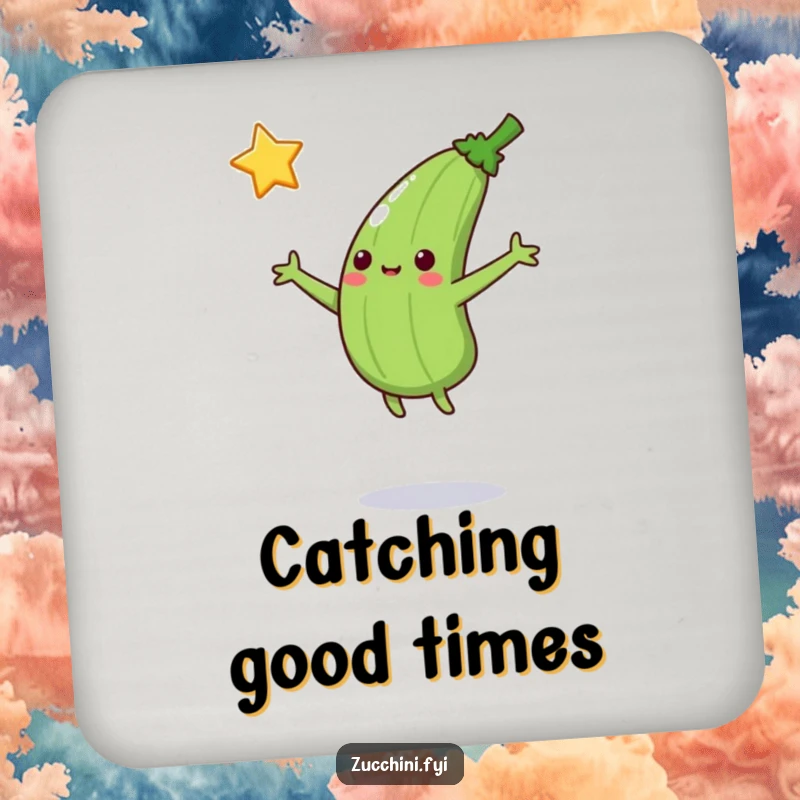 Funny Jumping Zucchini Coaster: A zucchini jumps to catch a falling star, protecting surfaces with a humorous and aspirational design.