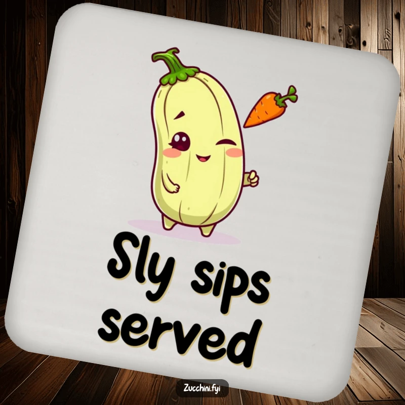 Funny mischievous kawaii zucchini winking and tossing a carrot, a playful and protective drink coaster.