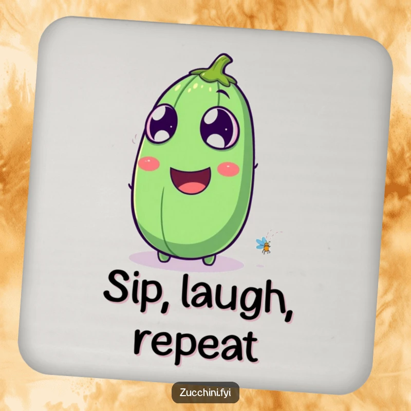 Funny laughing zucchini coasters depicting a zucchini watching a firefly, protecting tables with whimsical nighttime humor and delight.