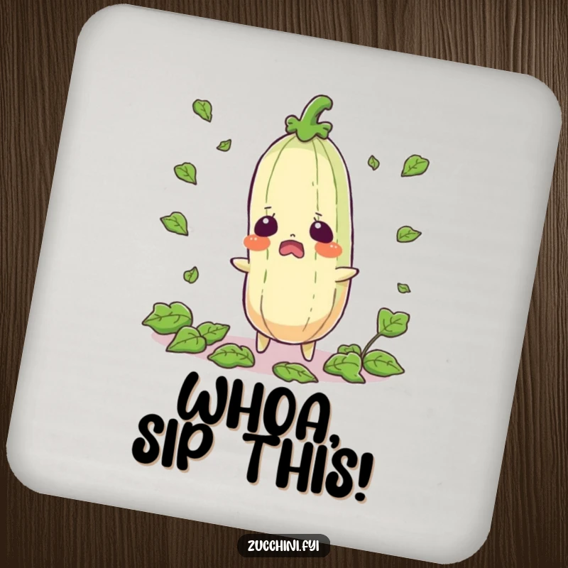 Funny startled zucchini coasters featuring a shocked vegetable with leaves scattering, guarding your tables with a comical surprise.