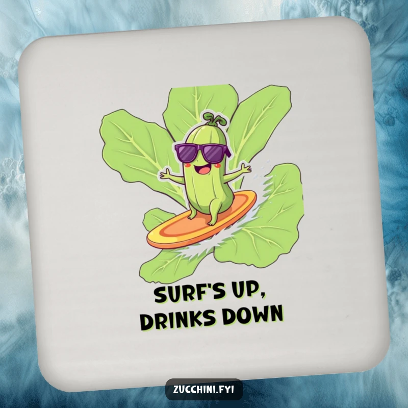 Funny zucchini with sunglasses surfing on a lettuce leaf on a coaster, adding cool humor.