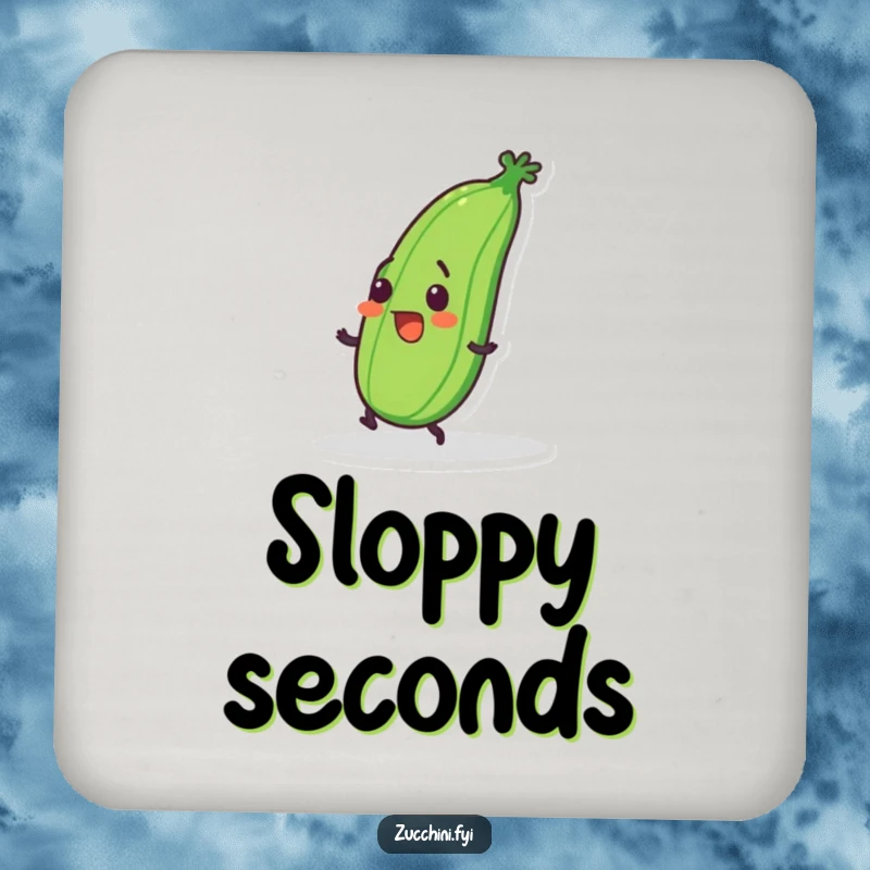 Funny coasters featuring a wobbly zucchini tripping over its feet, perfect for protecting surfaces with clumsy humor.