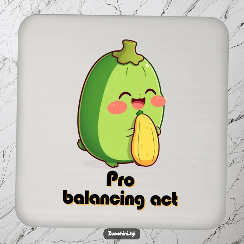 Funny drink coasters featuring a zucchini giggling while balancing a miniature zucchini on its nose, adding humorous skill to surfaces.