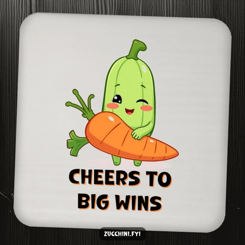 Funny drink coaster with a winking zucchini holding a carrot, adding humorous vegetable charm to any surface.