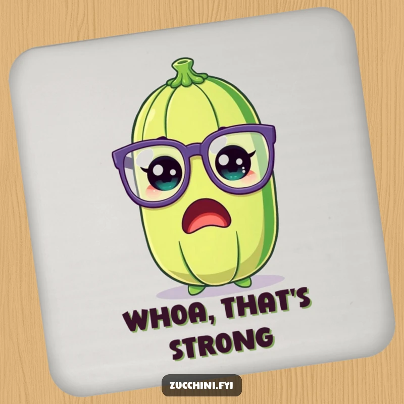 Funny Zucchini Drink Coaster showing a shocked cartoon zucchini wearing oversized, silly glasses, adding humorous protection to tables.