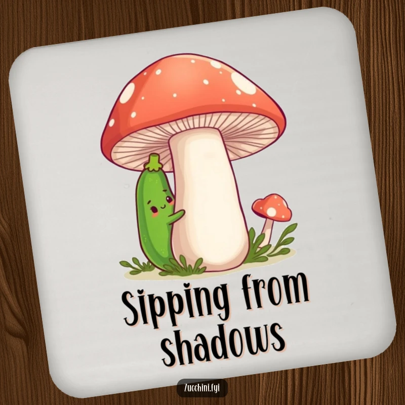 Funny Zucchini Drink Coaster showing a shy cartoon zucchini peeking from behind a large, friendly mushroom, adding humorous protection.
