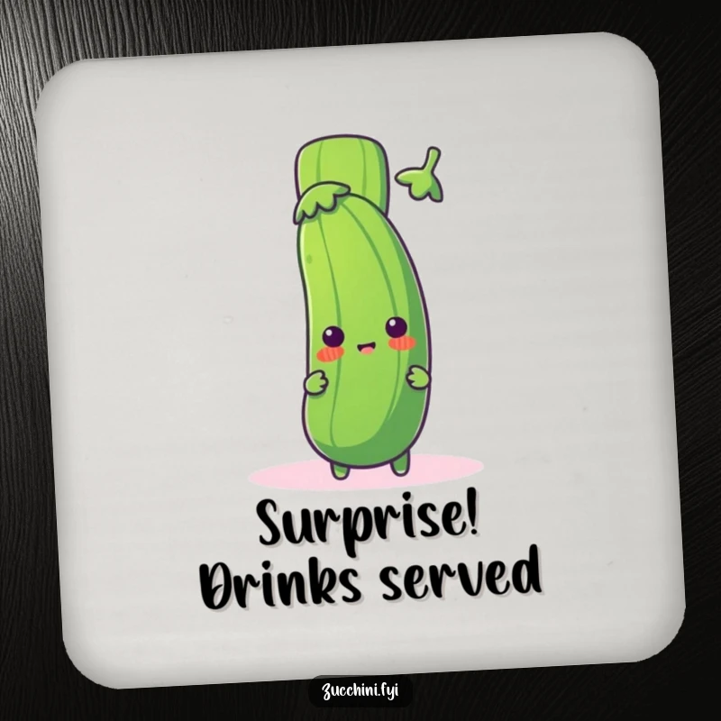 Funny zucchini coaster with a cute zucchini character peeking from behind a large exclamation mark, protecting surfaces with playful humor.