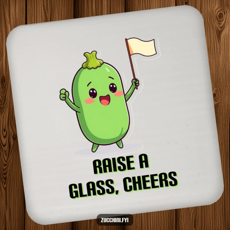 Funny drink coaster showing a zucchini character enthusiastically waving a tiny flag, perfect for protecting surfaces with a spirited cheer.