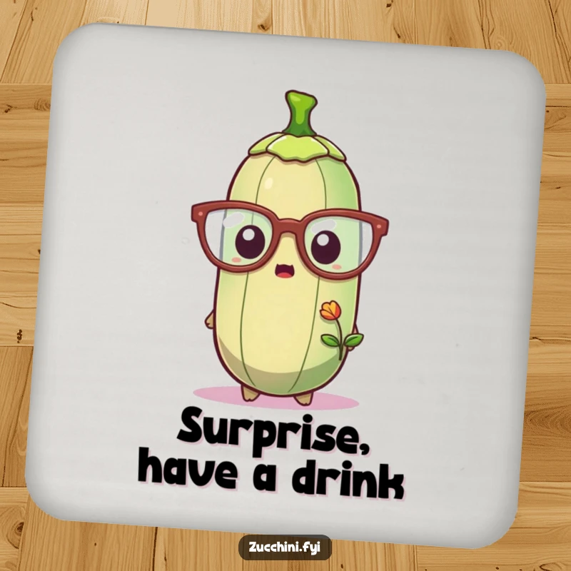 Funny drink coaster showing a zucchini in oversized glasses, looking comically surprised at a tiny sprout, perfect for protecting surfaces.
