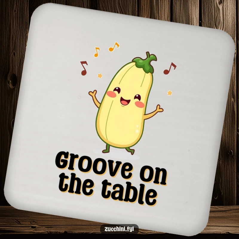 Funny drink coaster with a smiling zucchini character performing a lively jig, designed to protect surfaces with a dash of humor.