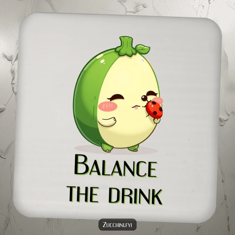 Funny zucchini coaster, a determined veggie character balancing a ladybug on its nose, protecting surfaces with humor.