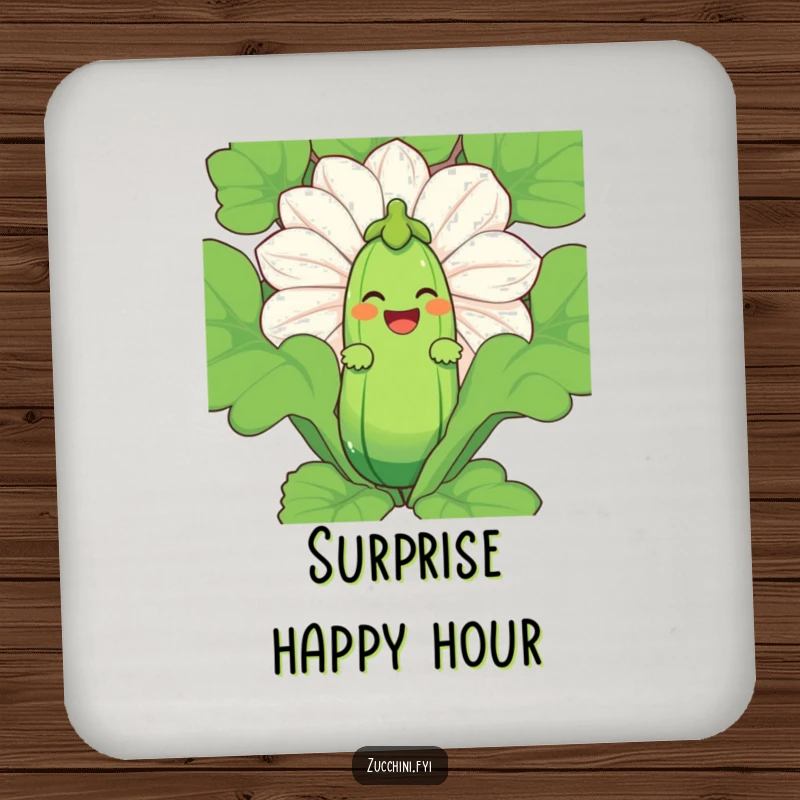 Funny Zucchini Laugh Coaster featuring a laughing zucchini character peeking from behind a giant zucchini blossom.