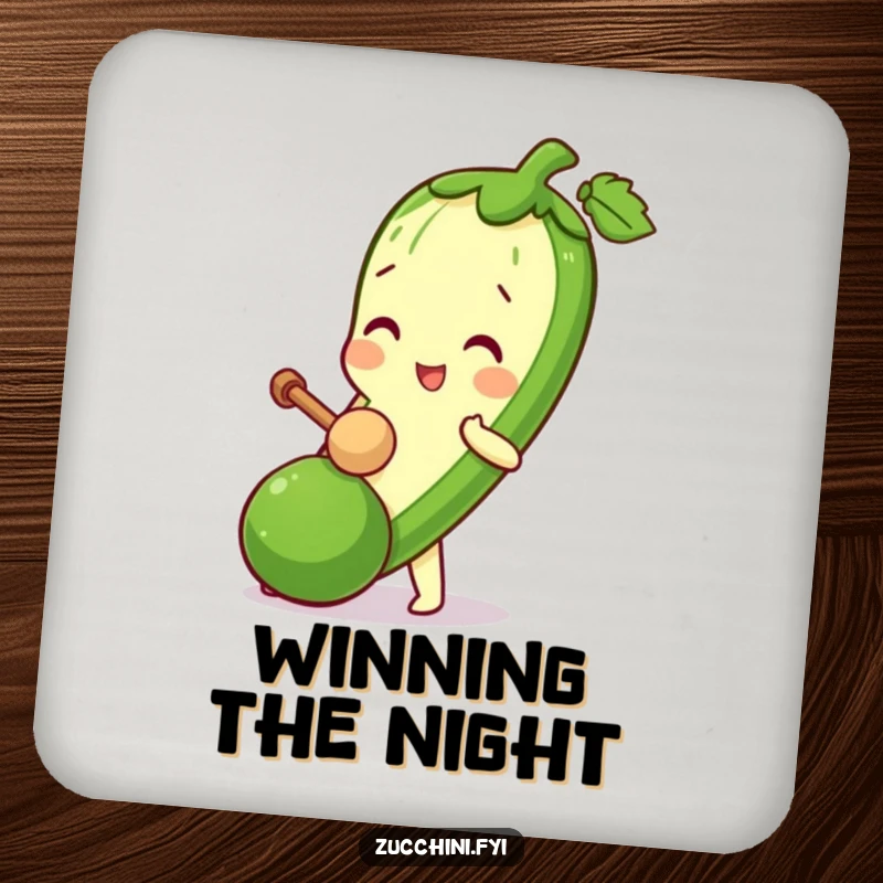 Funny Zucchini Mallet Coaster featuring a zucchini character playfully bopping a mini zucchini with a tiny mallet.