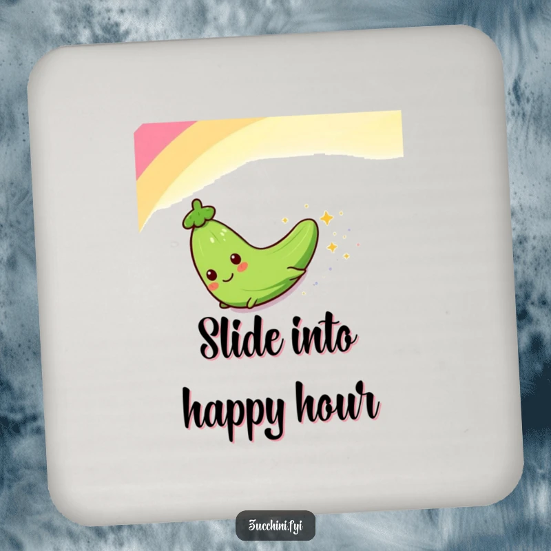 Funny drink coasters featuring a zucchini character sliding down a rainbow, leaving a trail of sparkles, adding humor to any surface.