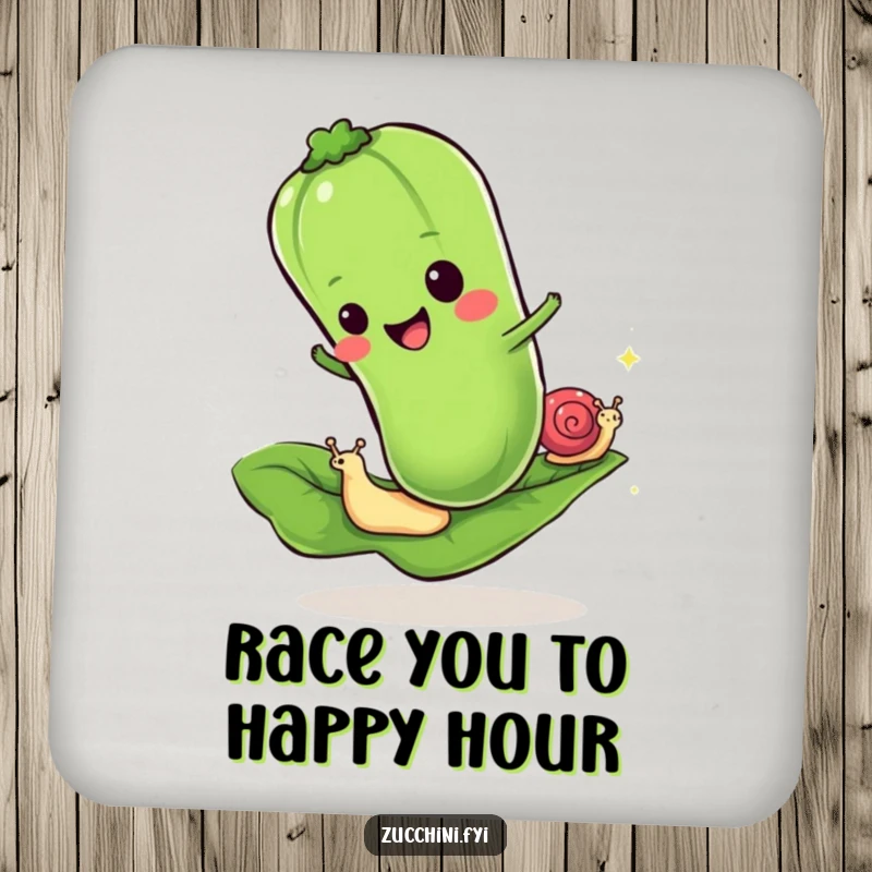 Funny drink coaster with a cheerful zucchini racing a snail on a leaf, adding humorous charm to any surface.