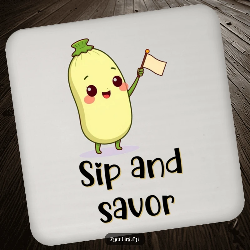 Funny drink coaster with a cheerful anthropomorphic zucchini character waving a small petal flag, protecting surfaces with a touch of garden-themed whimsy.