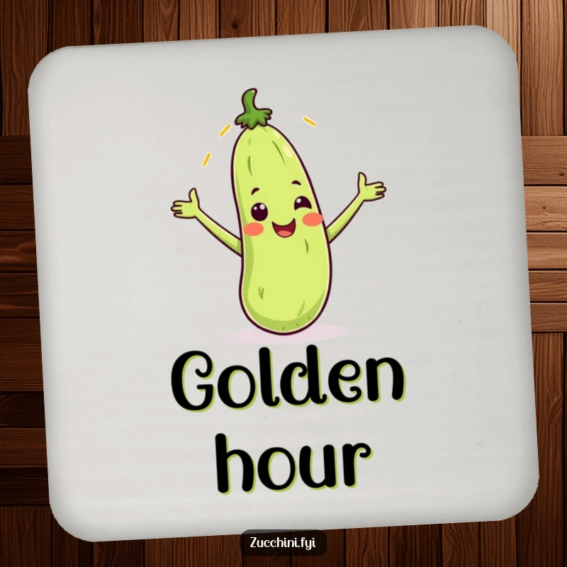 Funny coasters featuring a smiling zucchini catching a sunbeam, perfect for protecting surfaces with sunny humor.