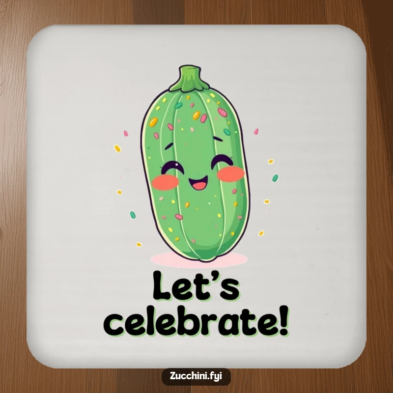 Funny drink coaster with a giggling zucchini adorned with a playful scattering of confetti.