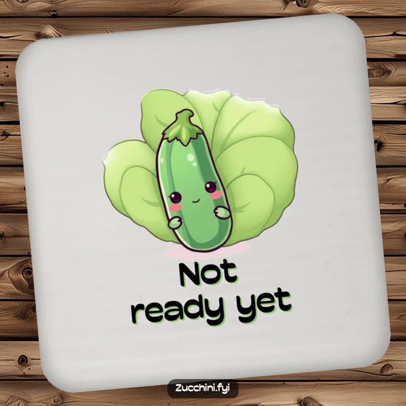 Funny kawaii zucchini peeking shyly from behind a leaf on drink coasters, offering cute protection and humor for tables, a great gift.