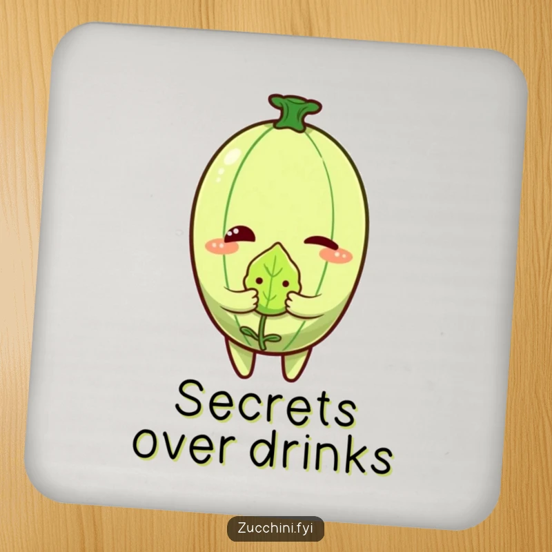 Funny Zucchini Wink Coaster featuring a winking zucchini character holding a tiny, embarrassed leaf.