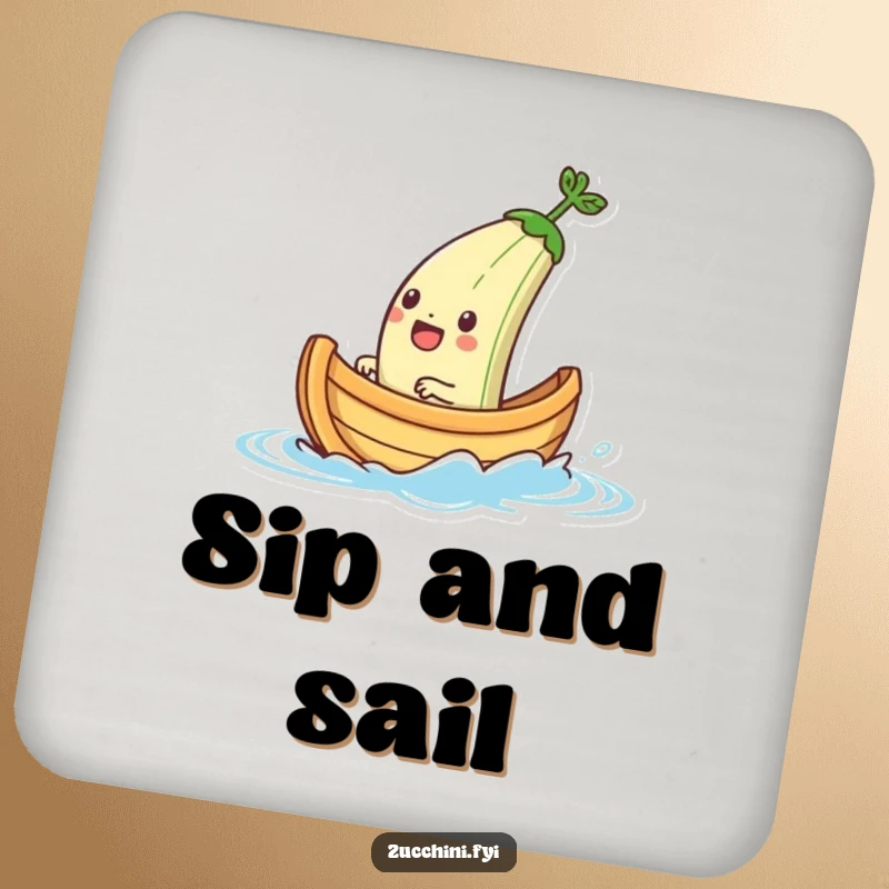 Funny drink coasters with a jubilant zucchini boat character sailing on a small water splash, adding a humorous maritime element to tabletops.