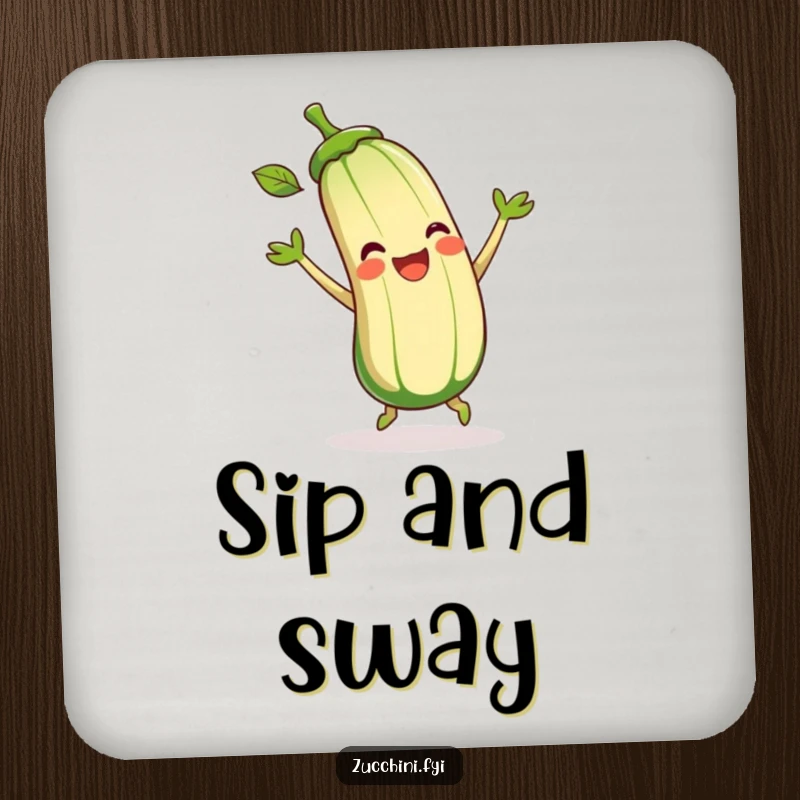 Funny Zucchini Drink Coaster showing a cartoon zucchini joyfully dancing and wiggling its leaves, adding humorous protection to tables.