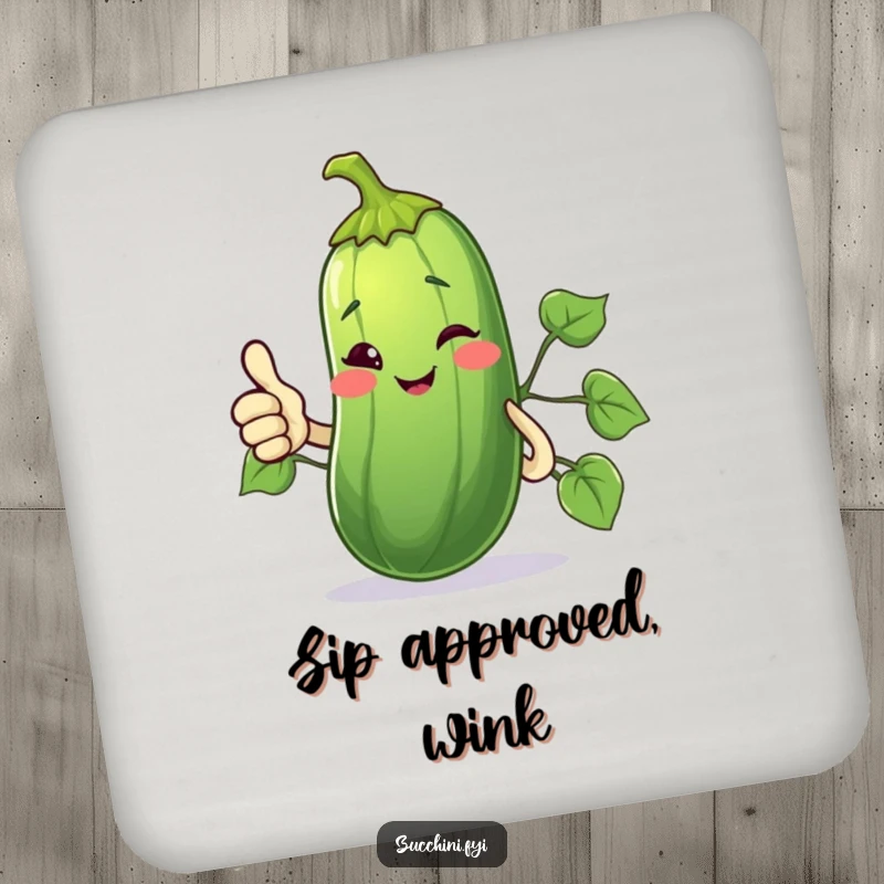 Funny Coaster featuring a winking zucchini giving a thumbs up with its vine, conveying approval and fun.